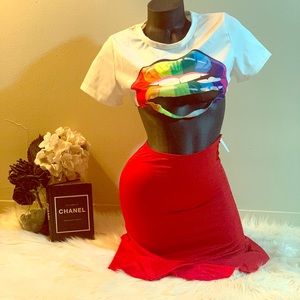 DIY cropped rainbow lips -12$ Red tulip skirt 12$